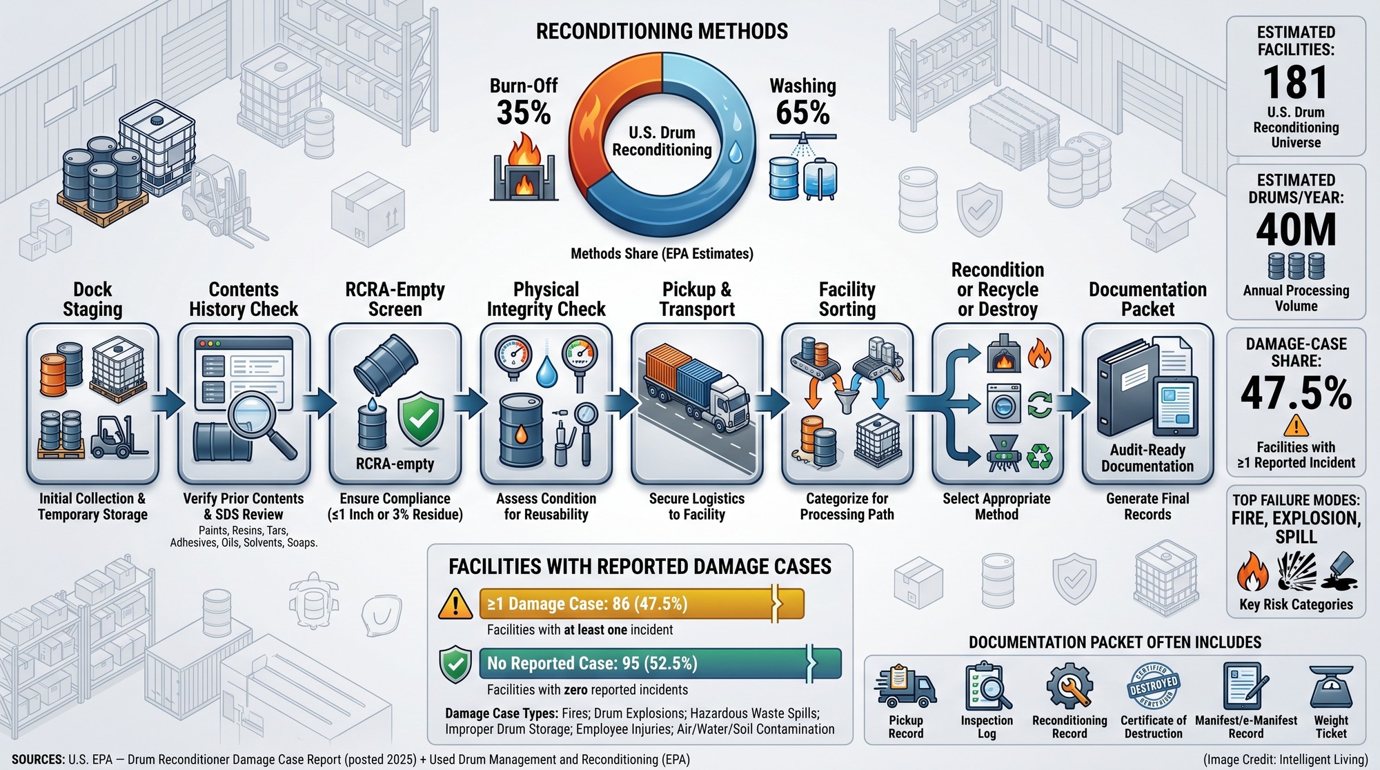 A cinematic data-visual showing professional container recycling steps from dock staging to sorting, reconditioning methods, damage-case risk data, and documentation outputs for drums and IBC totes.