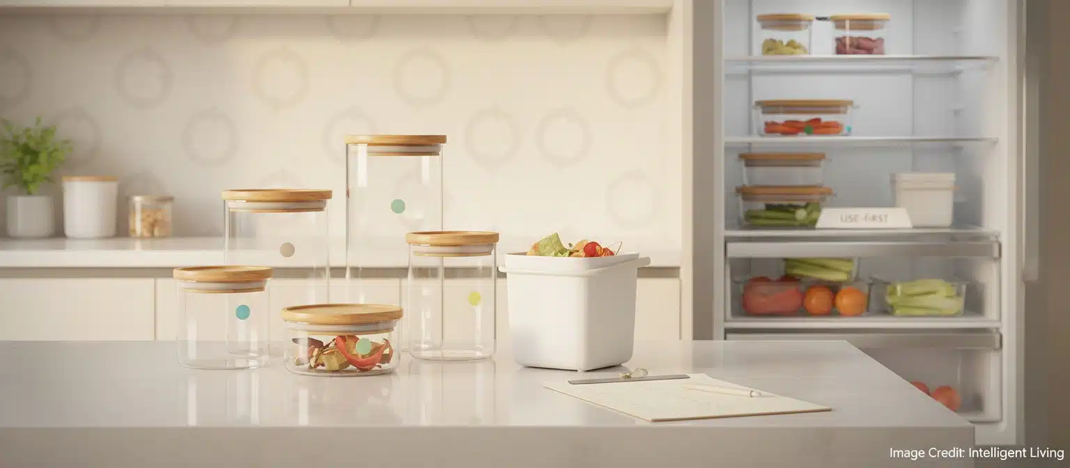 Clean kitchen counter with a weekly food plan, labeled containers, a compost bin, and a tidy fridge shelf showing a use-first zone for soon-to-expire foods.