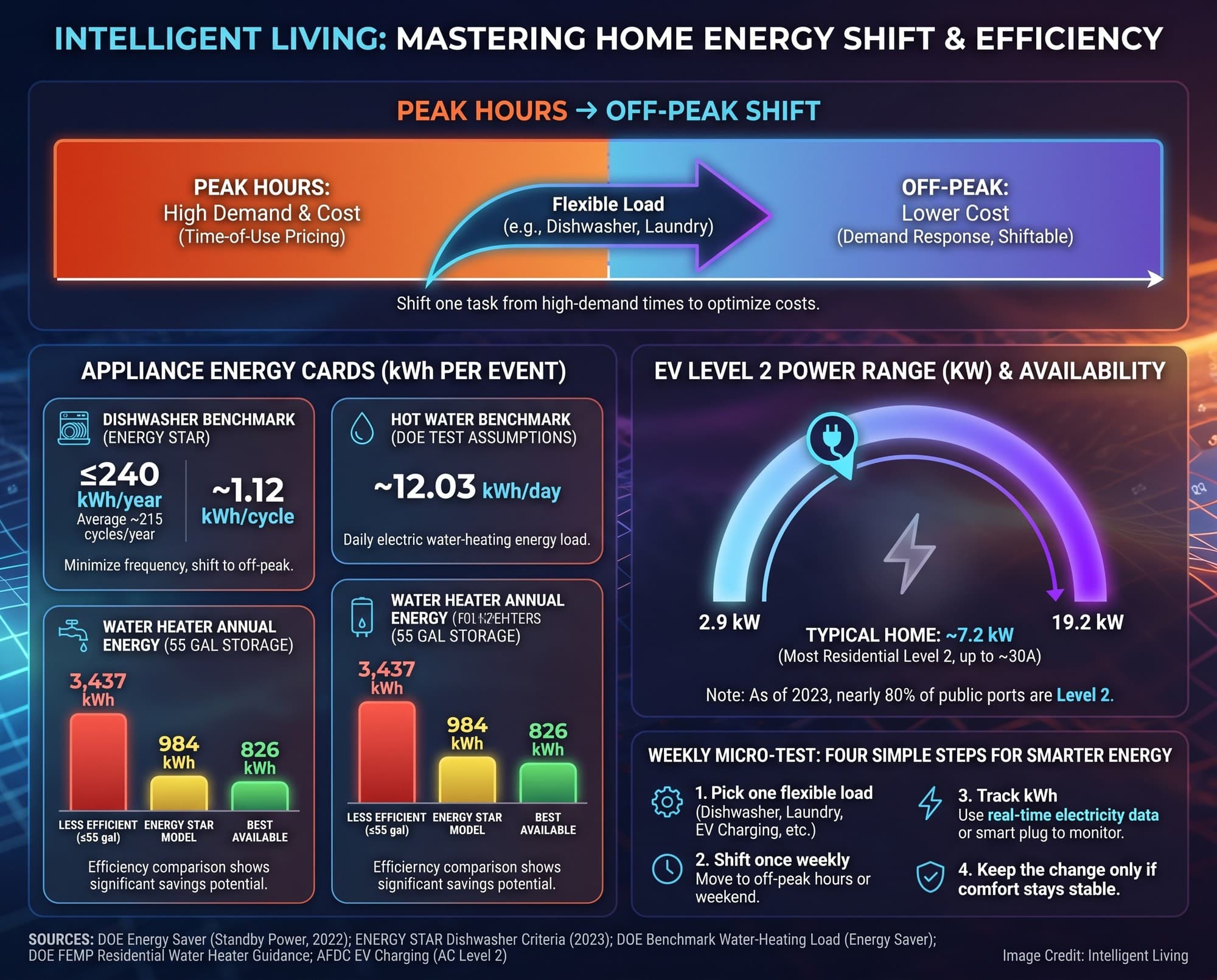 A practical infographic showing a weekly peak-hour micro-test plan with appliance energy per cycle, EV Level 2 charging power, standby power share, and hot-water energy benchmarks to support off-peak load shifting.