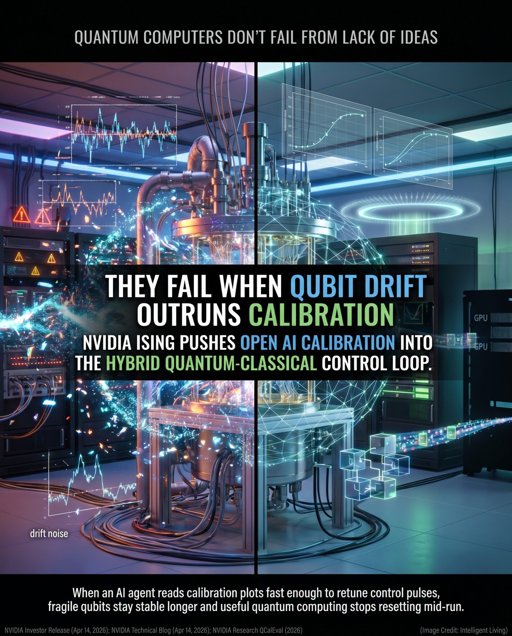 Split-scene meme showing a frosty quantum lab with unstable signals on the left and a stabilized quantum processor on the right, where an open AI calibration agent reads calibration plots and improves hybrid quantum-classical tuning for useful quantum computers.