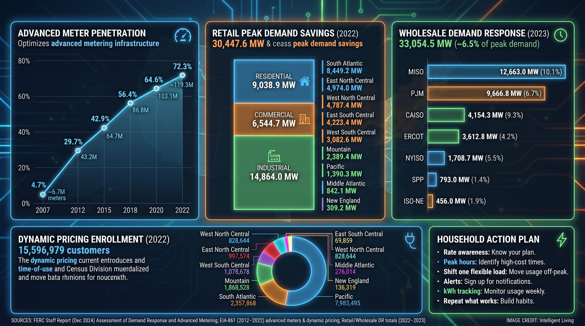 A cinematic data dashboard showing U.S. advanced meter adoption, retail and wholesale demand response capacity, dynamic pricing enrollment, and a practical household strategy checklist for peak-hour load shifting.