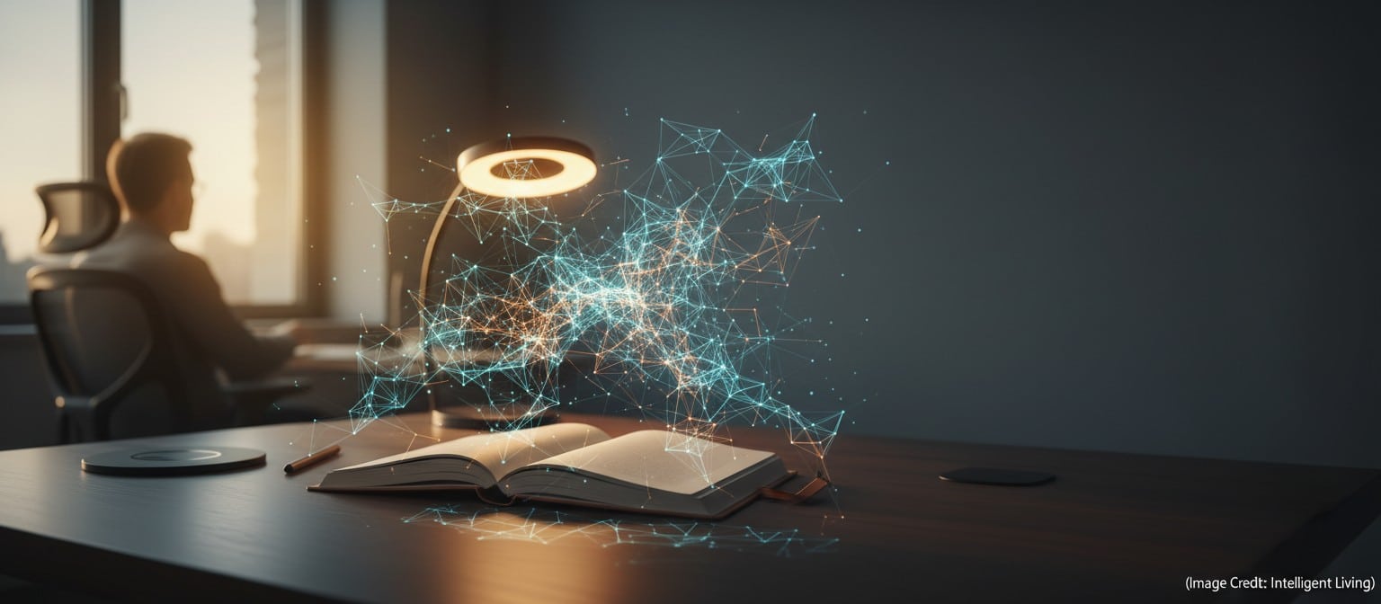 Wide cinematic scene of a thoughtful learning environment merging with a subtle brain-network visualization, representing memory stability and new learning.