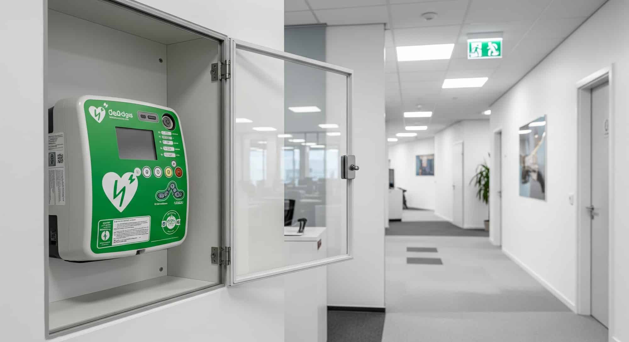 An Automated External Defibrillator (AED) mounted on a wall in a public space.