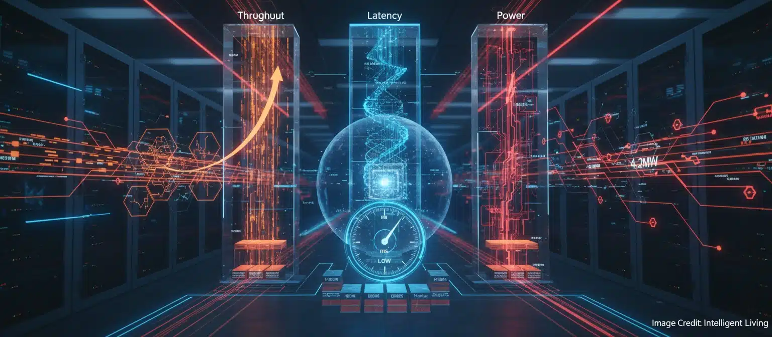 Futuristic AI infrastructure image with server clusters, energy-flow visuals, and layered charts balancing latency, throughput, and power use.