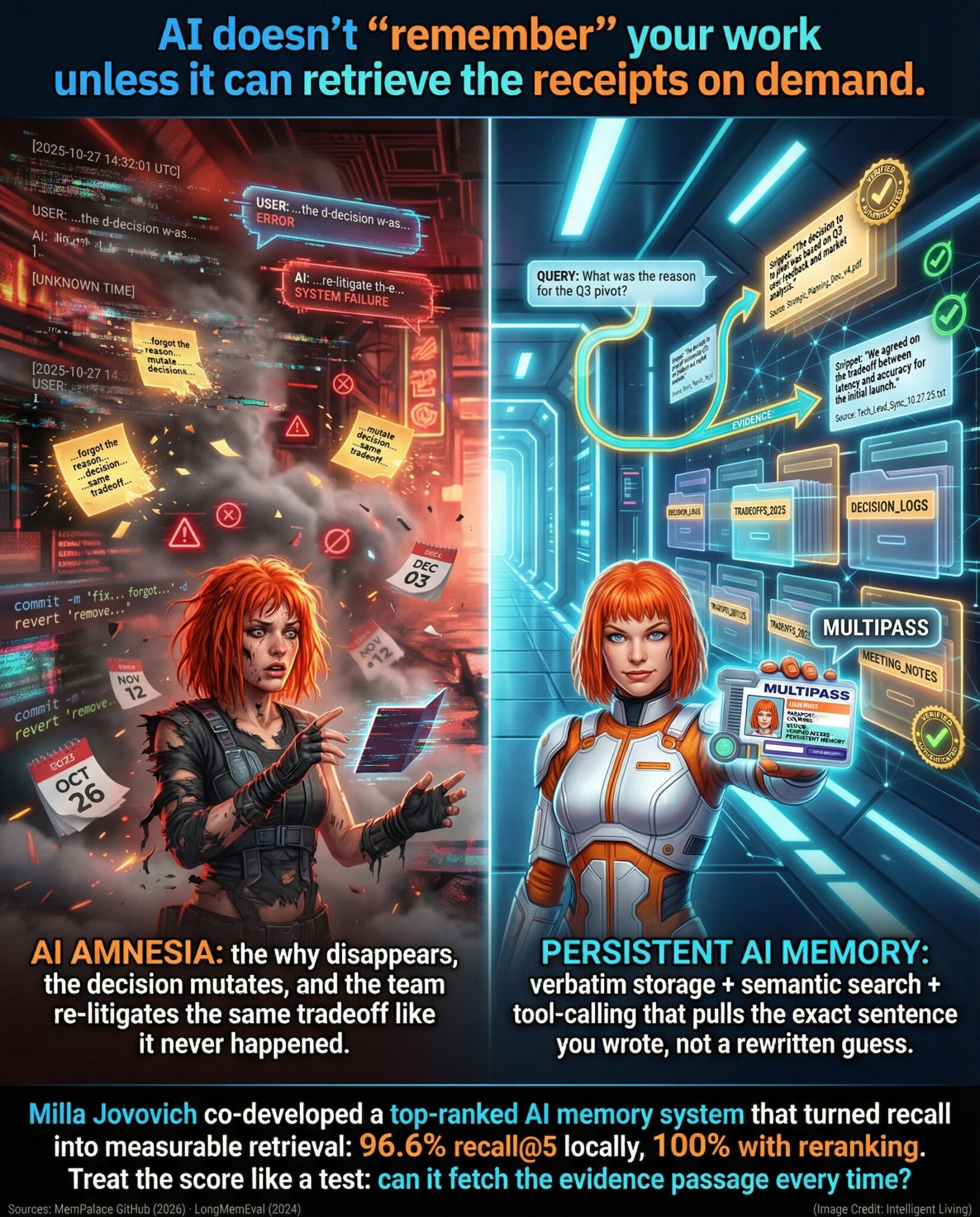 Split-screen meme contrasting AI amnesia versus persistent AI memory, featuring a Leeloo-inspired character holding a futuristic passport and saying "Multipass."