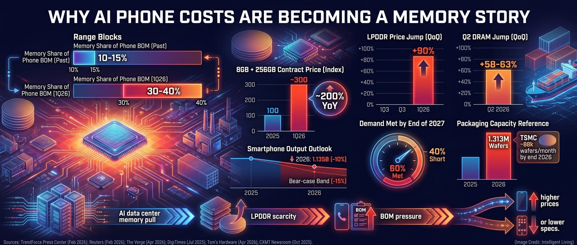 Data-dense visual mapping LPDDR price spikes, smartphone BOM memory share growth, 2026 production decline estimates, and advanced packaging capacity constraints affecting AI phones.