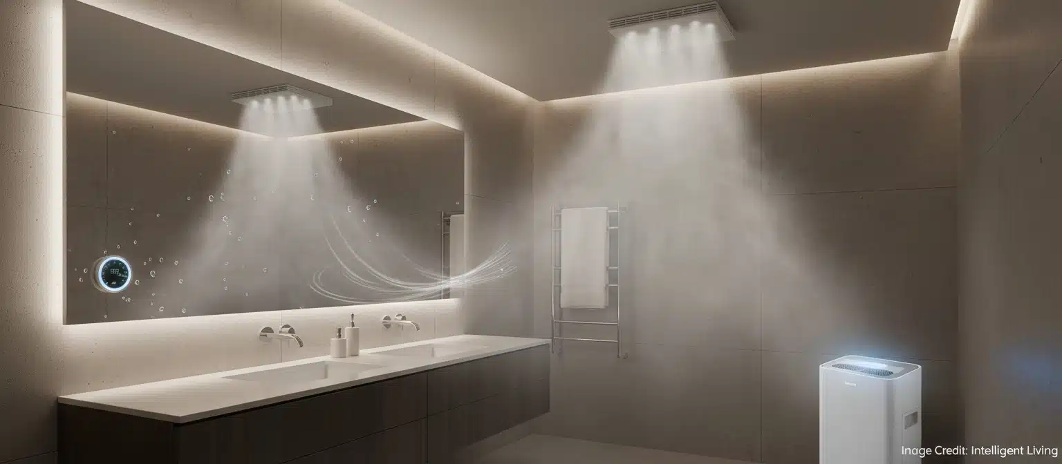 Wide bathroom scene showing steam clearing through an exhaust fan and humidity tools that support mold prevention and indoor air quality.