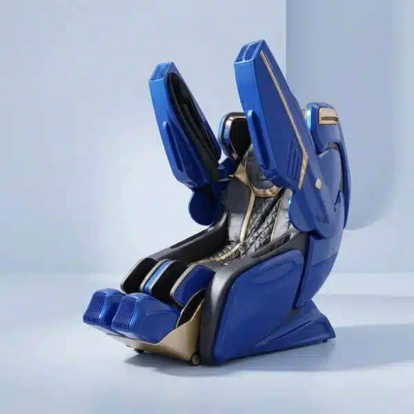 A futuristic blue and gold massage chair with its armrests extended upward, suggesting advanced technology.