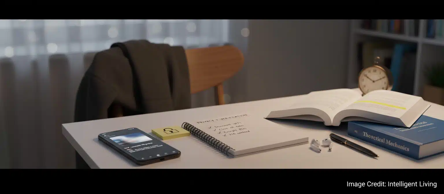 A focused learner workspace with a phone set to study mode beside a sleep-friendly lamp and a checklist for AI literacy, privacy, and verification habits.