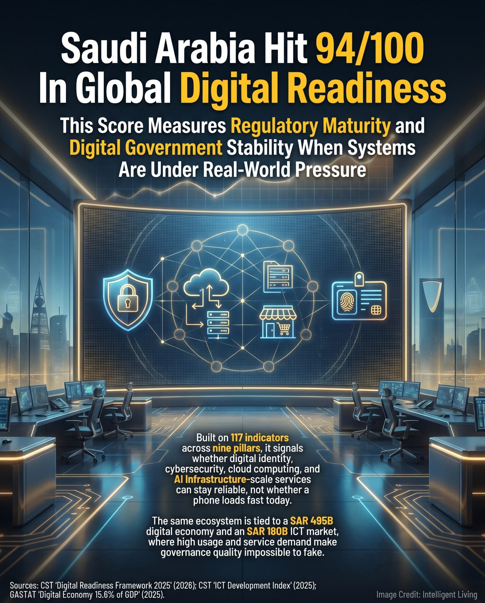 Bold scoreboard meme showing Saudi Arabia's 94/100 ITU digital readiness score with icons for digital government, regulatory maturity, cybersecurity, and AI infrastructure scaling.