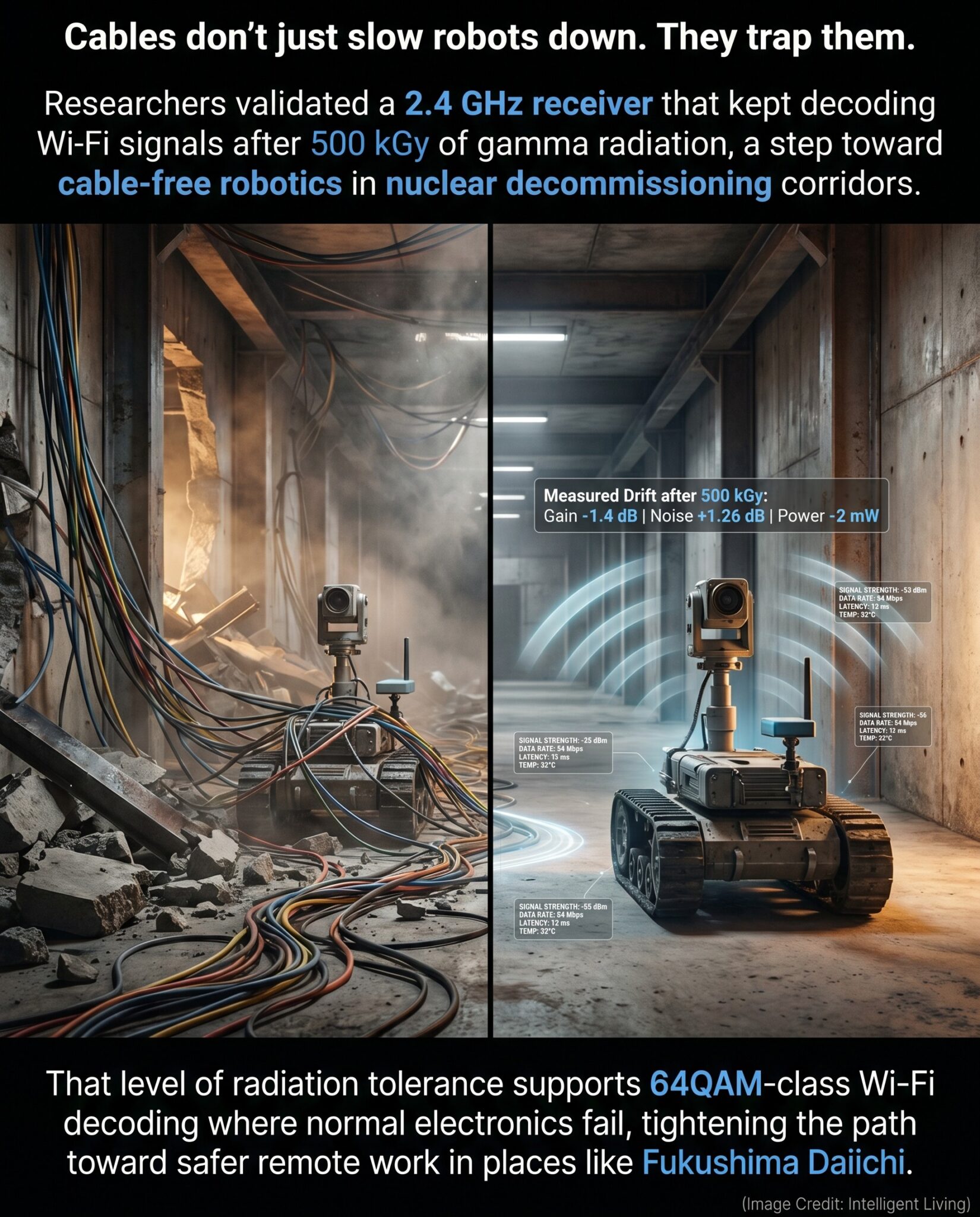 Split-scene meme showing a rugged robot tangled in thick data cables on one side and the same robot moving freely with subtle wireless signal arcs on the other, with a small measured-performance overlay about radiation tolerance.