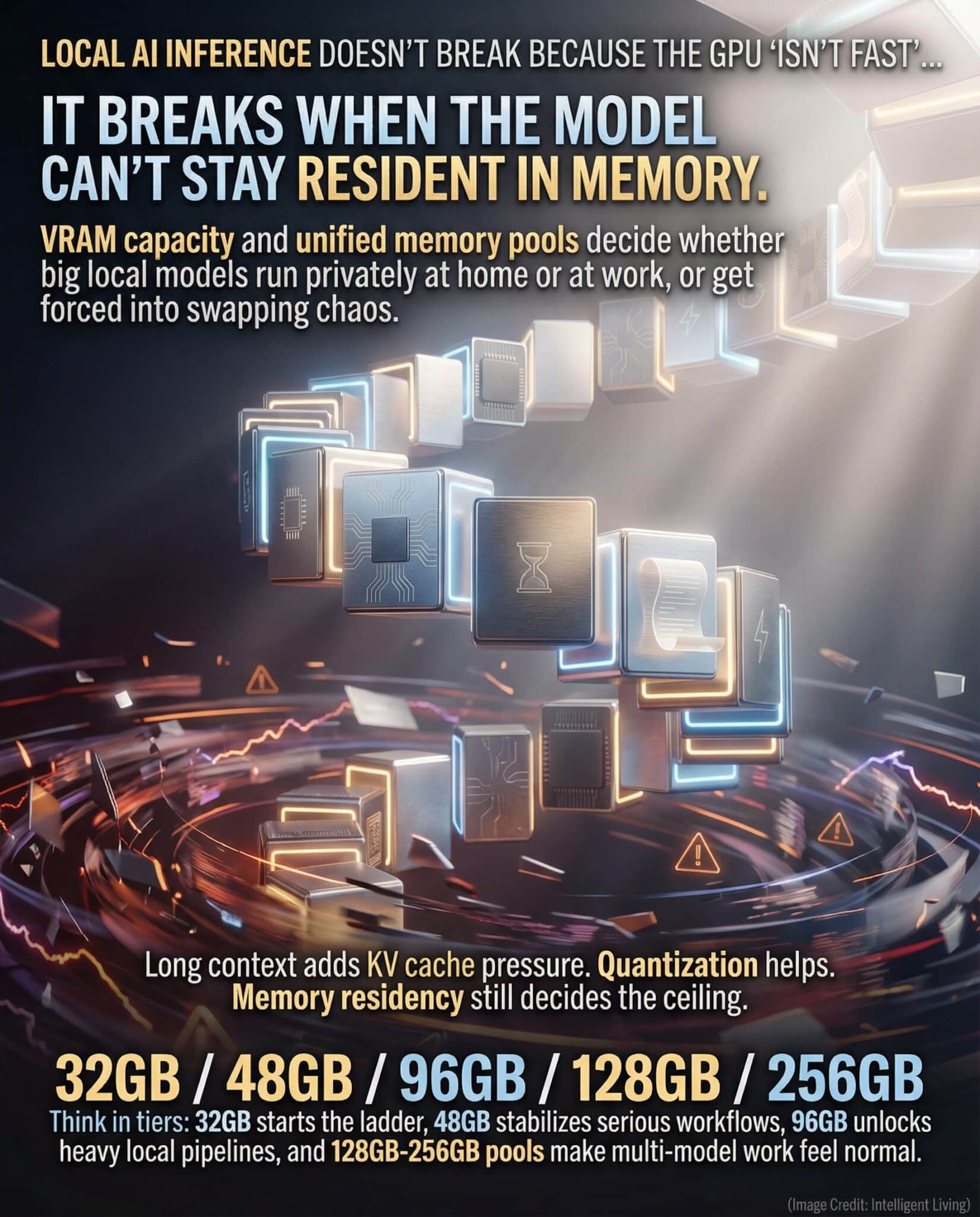 A dramatic 4:5 meme poster showing a glowing memory ladder and a "swap storm" effect that explains why VRAM and unified memory decide local AI inference stability.
