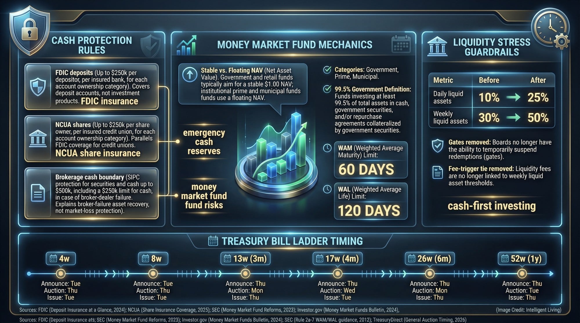 A cinematic data-board showing FDIC and NCUA coverage limits, money market fund mechanics and liquidity rules, and a Treasury bill ladder schedule for cash-first investing.