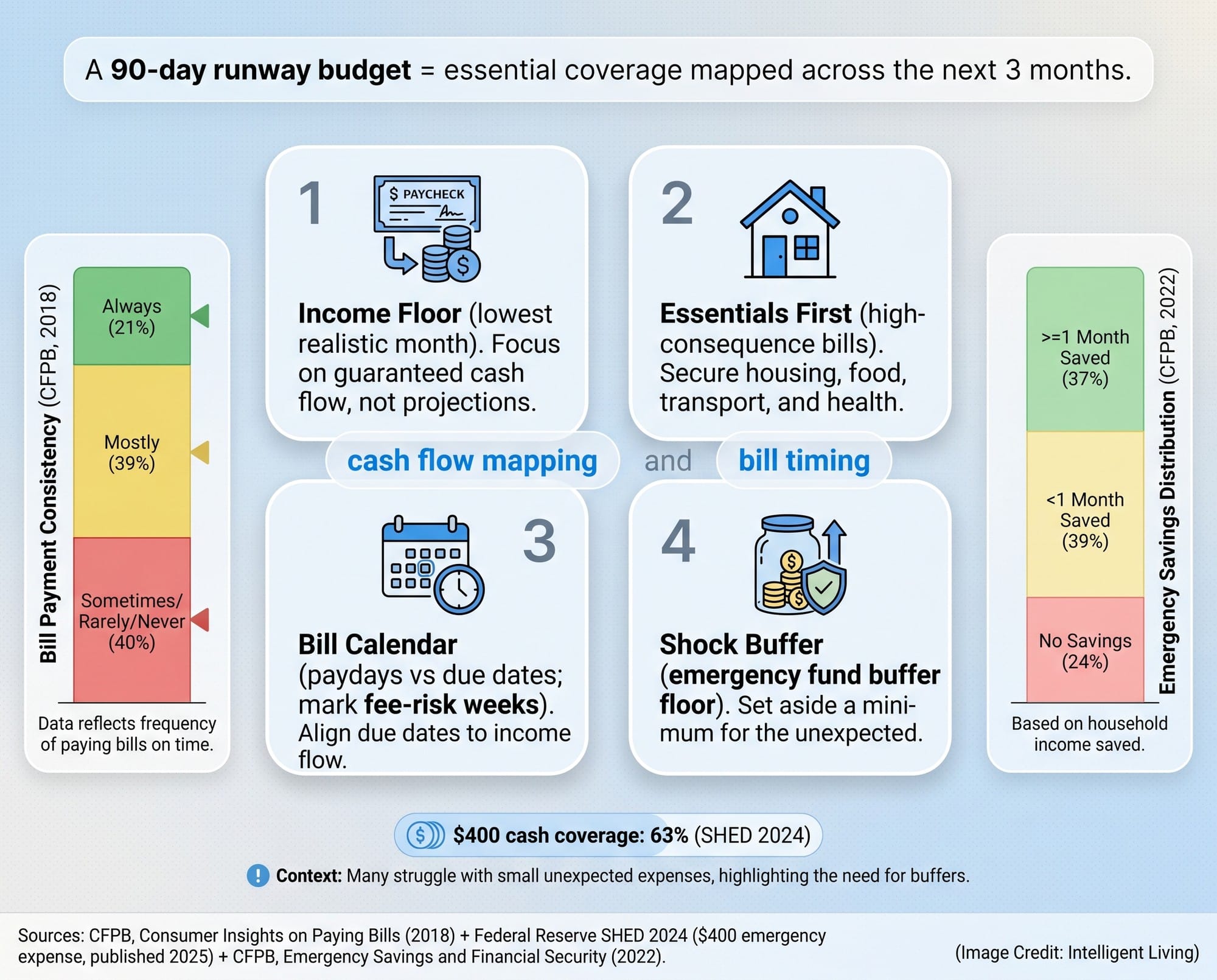 Step-by-step visual showing how to build a 90-day runway budget using an income floor, essentials list, bill calendar, and emergency buffer with supporting CFPB and Federal Reserve data.