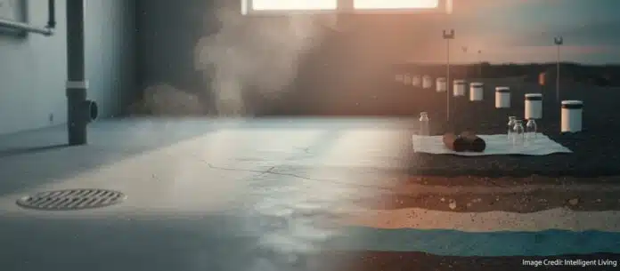 Cinematic home basement cross-section with faint vapor-like haze rising near foundation cracks, paired with a distant industrial cleanup landscape, signaling TCE vapor intrusion and indoor air quality risk.