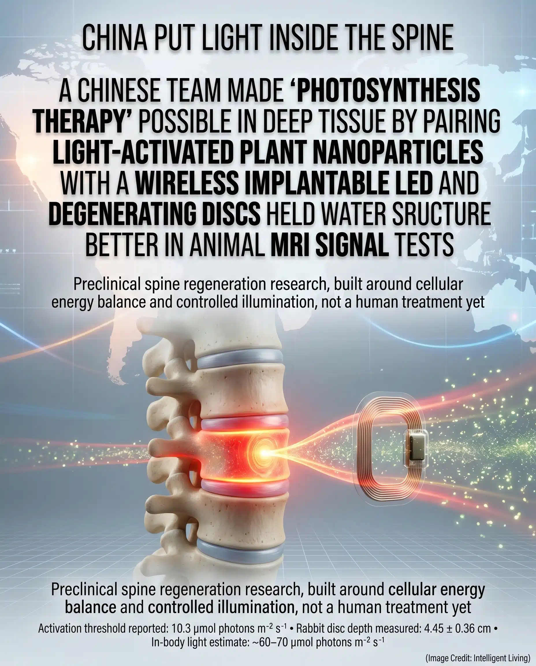 Viral news-style meme showing a glowing spinal disc receiving a precise beam of light from a small wireless implant coil, with global map textures and green-gold particles suggesting light-activated plant nanoparticles for degenerative disc disease and chronic low back pain research.
