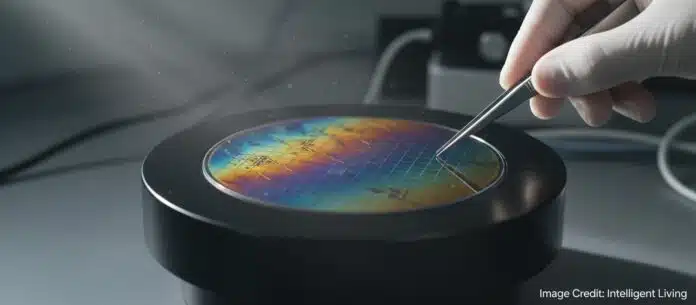 Cinematic close-up of a glowing silicon wafer on a lab stage with an atom-thin layer shimmering across the surface, evoking wafer-scale 2D chips and next-generation semiconductor manufacturing.
