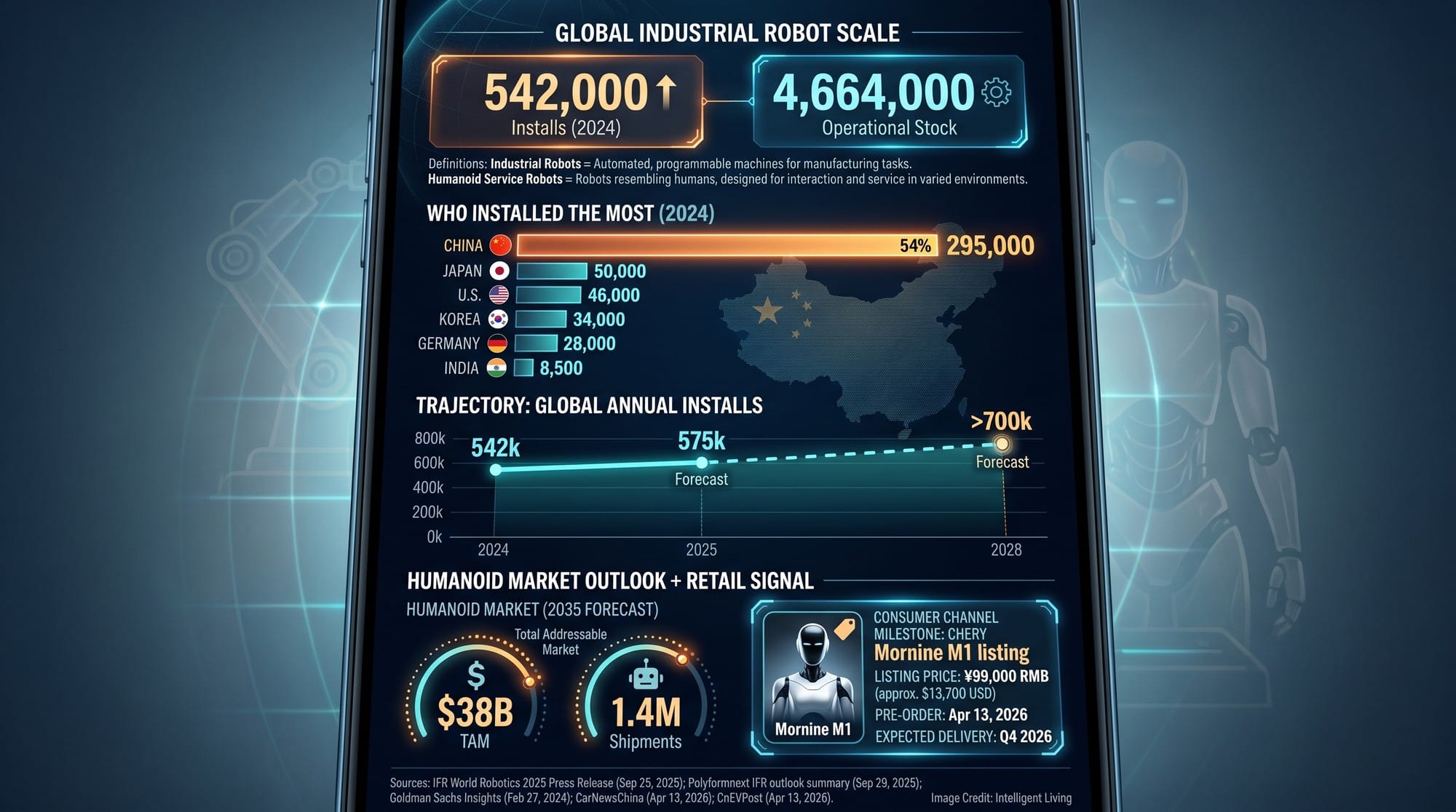 A dashboard-style market graphic showing China's industrial robot dominance, global installation totals, growth forecasts, and humanoid robot market projections alongside the Mornine M1 retail listing signal.
