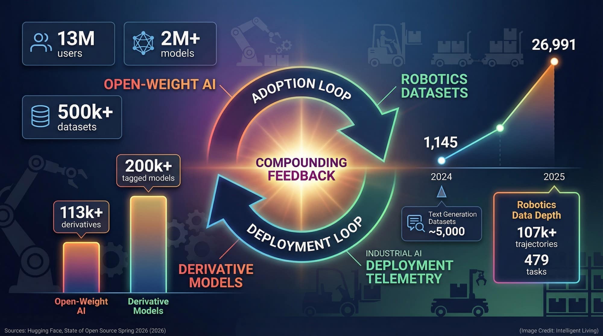 A wide infographic showing a two-loop flywheel where open-weight releases drive derivatives and adoption while industrial deployments generate telemetry data, with large ecosystem and robotics dataset statistics.