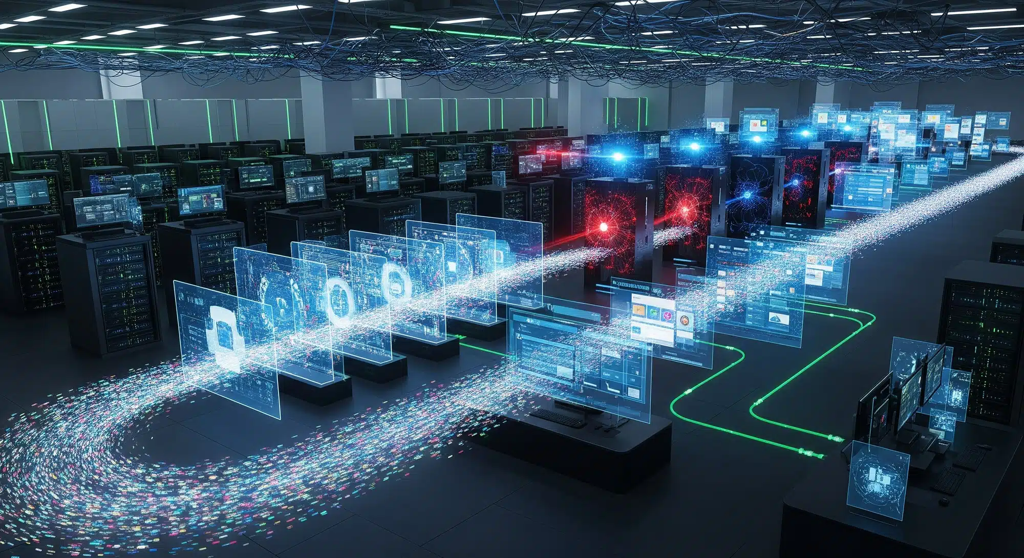 A photorealistic wide shot of a modern CI/CD pipeline visualized as a high-speed data stream passing through multiple quality gates and security checks in a futuristic server room.