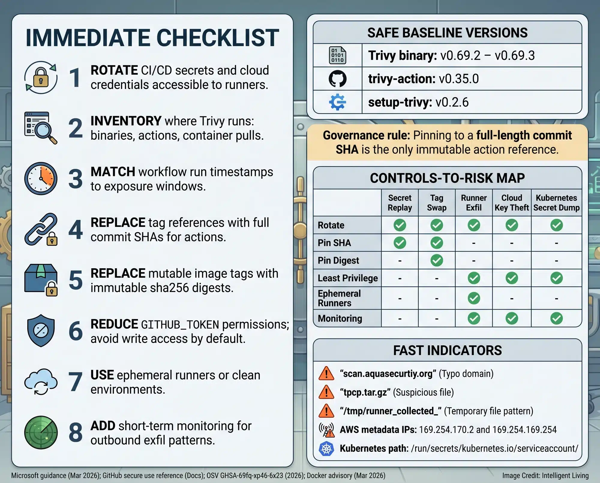 Checklist and matrix mapping incident response steps to specific risks in CI/CD supply-chain attacks, including safe versions and detection indicators for compromised runners.