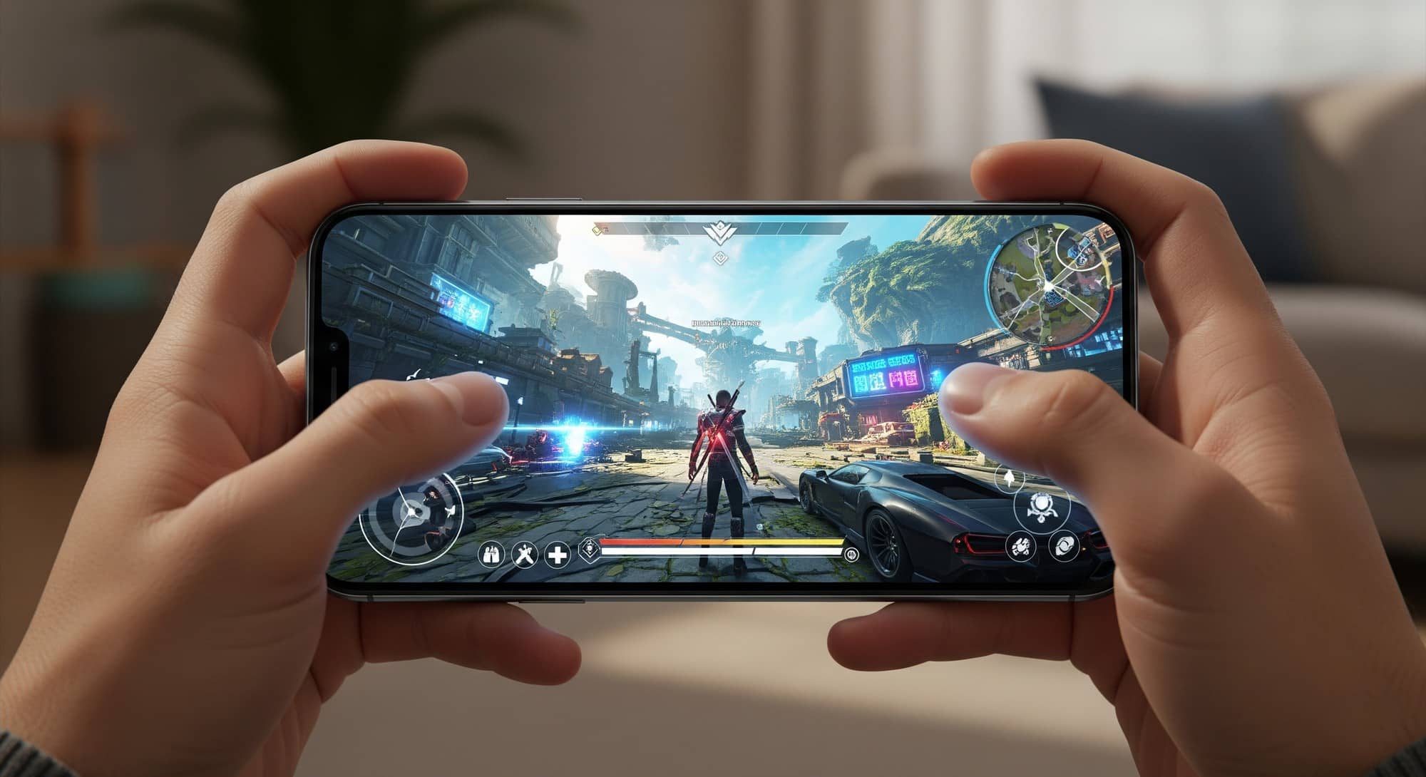 A person using a smartphone to stream a high-definition video game, with a faint cloud icon appearing in the background.