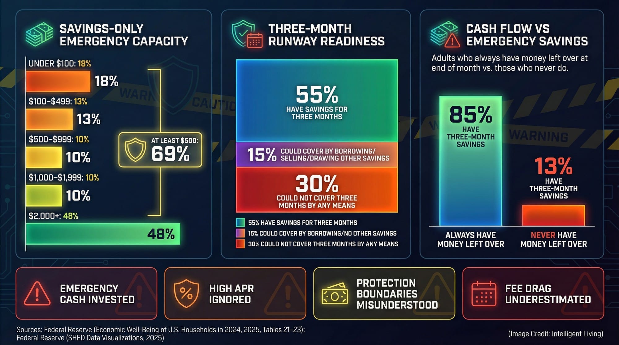 A data-board showing the largest emergency expense people can handle with savings, three-month runway readiness, and how monthly cash flow relates to emergency savings.