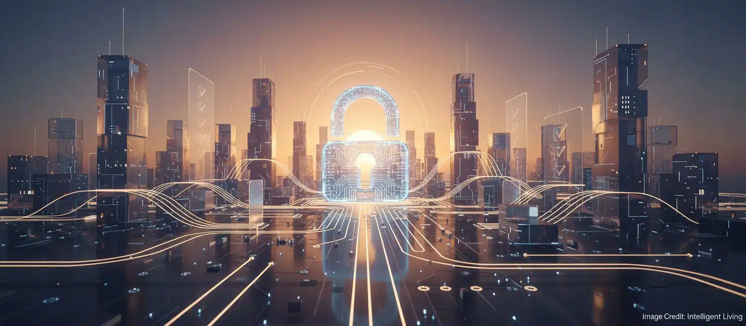 Wide panoramic scene of two abstract compute networks merging into one stable grid, with a subtle open-lock symbol formed from light and circuitry, evoking portability and ecosystem maturity.