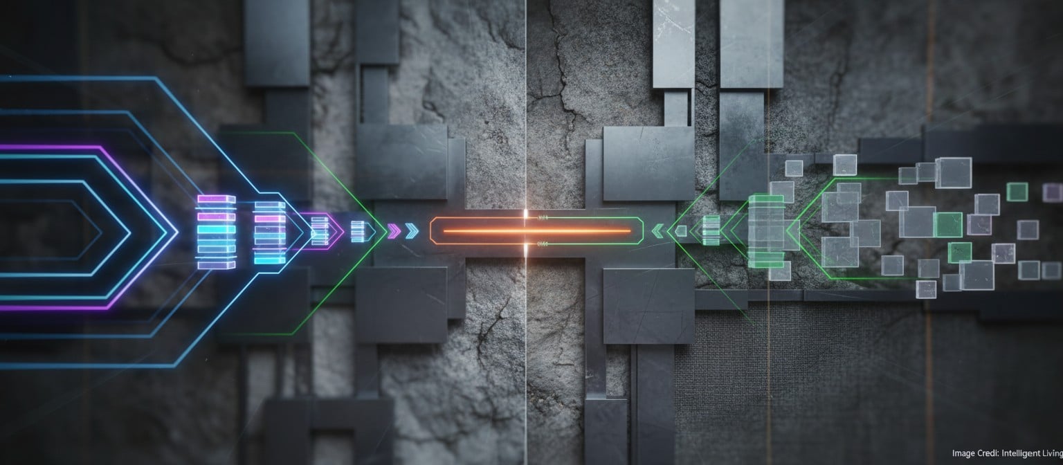 Wide cinematic scene of a sleek rendering pipeline concept with flowing data blocks moving from storage to memory to a sharp high-detail game environment, symbolizing stable VRAM and decode mode control.