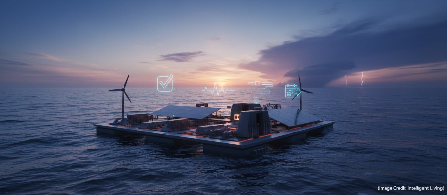Wide ocean night-to-dawn scene with a floating renewable platform and subtle abstract icons suggesting data verification, uptime, and maintenance readiness for hybrid offshore energy.