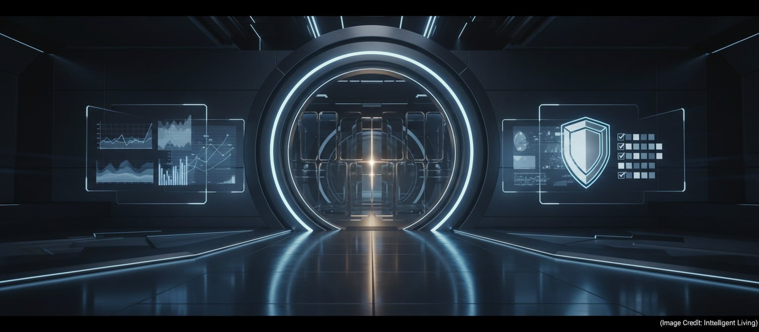 Ultra-wide cinematic scene showing a secure memory vault interface with checklist motifs for benchmarking and safety in persistent AI memory systems.