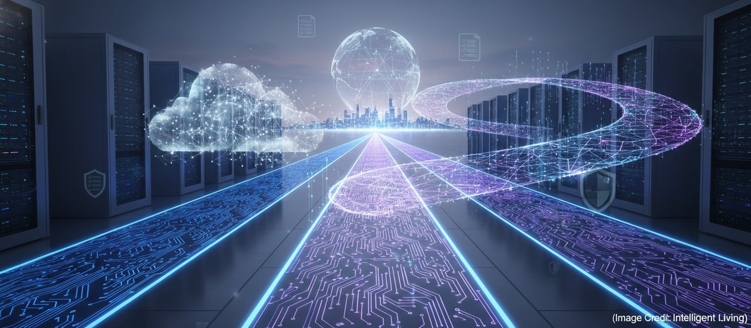 Wide cinematic image of three AI strategy pathways—local inference, cloud API, and hybrid—represented as luminous roads converging into a global decision horizon for enterprise AI governance.