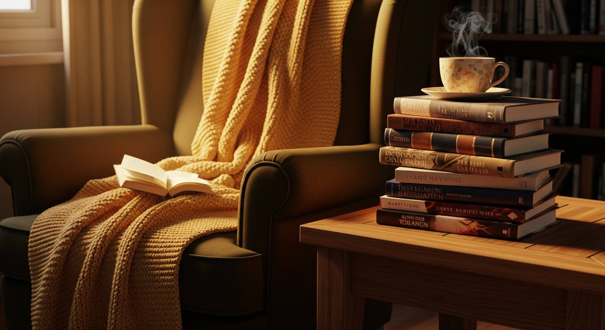 A cozy reading nook with a stack of books and a warm atmosphere, promoting cognitive health.