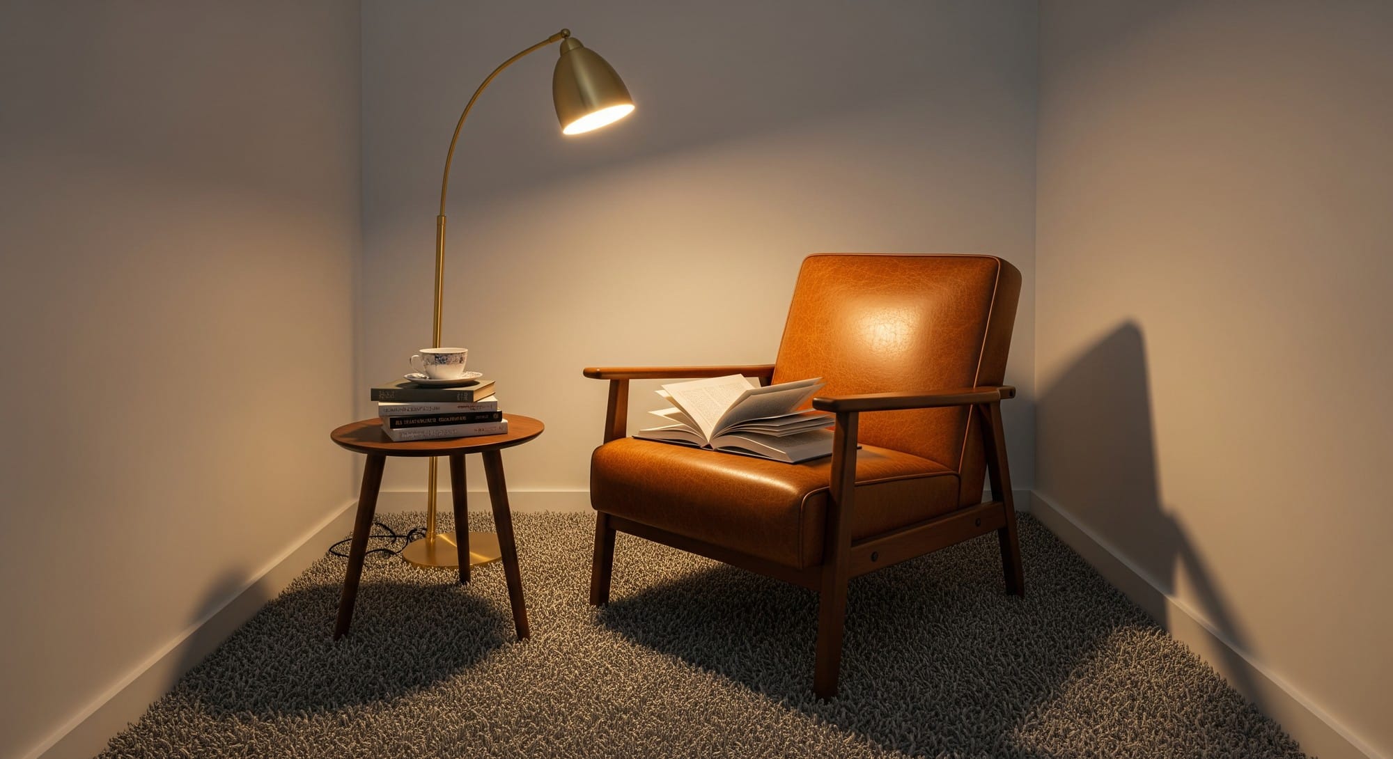 A cozy reading nook featuring a grey shaggy rug, a comfortable armchair, and a floor lamp.