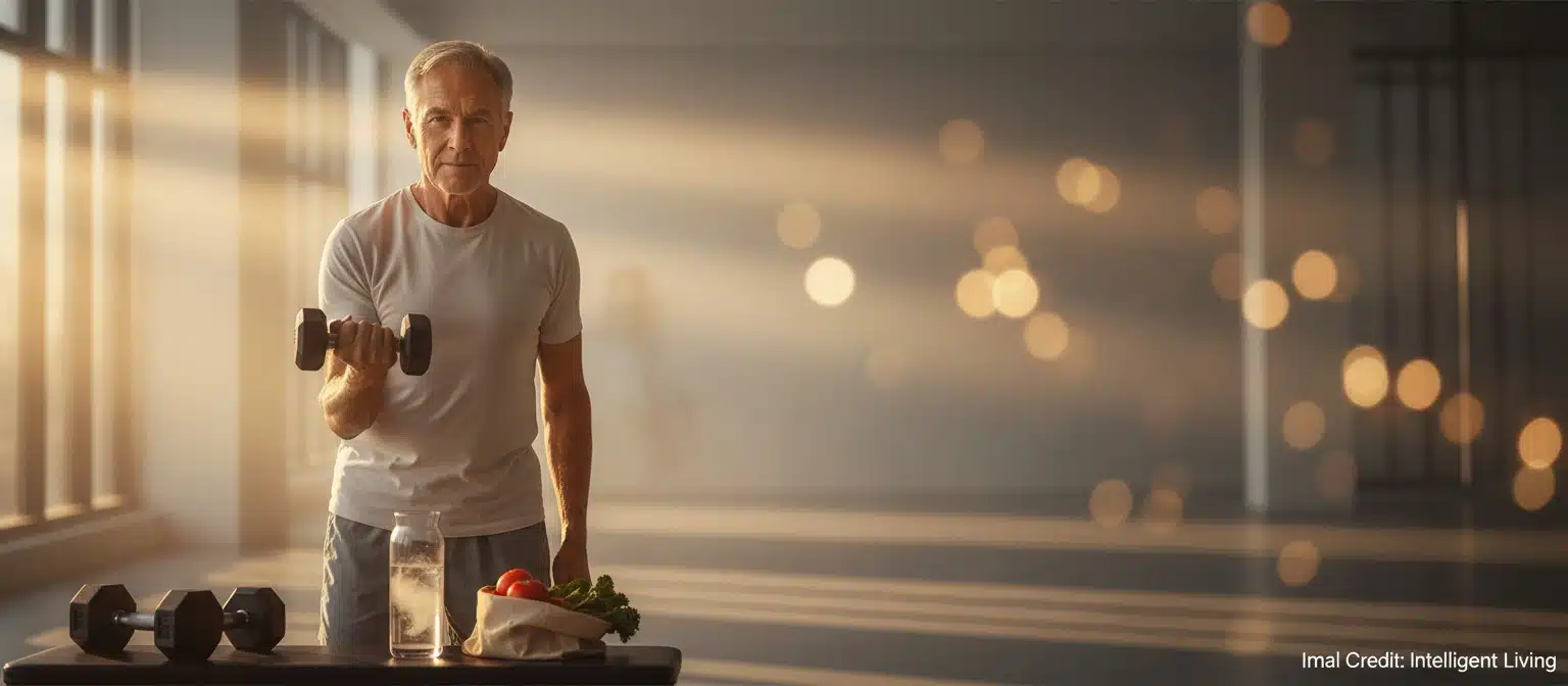 Older adult doing a confident dumbbell lift in warm sunlight with a subtle