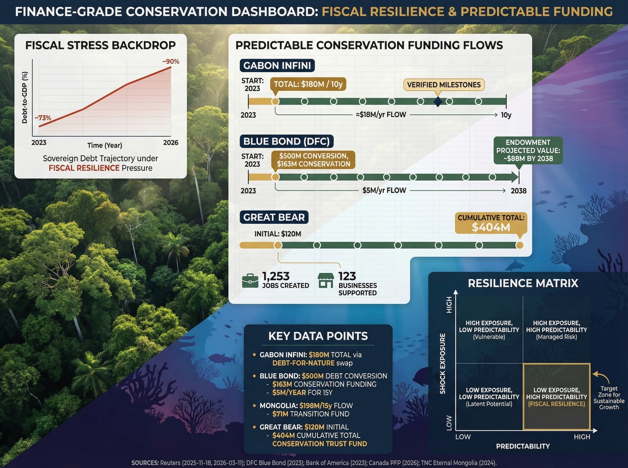 A finance-grade dashboard comparing Gabon Infini funding flow, Gabon blue bond conservation stream, and global PFP precedents with a fiscal stress indicator for resilience.
