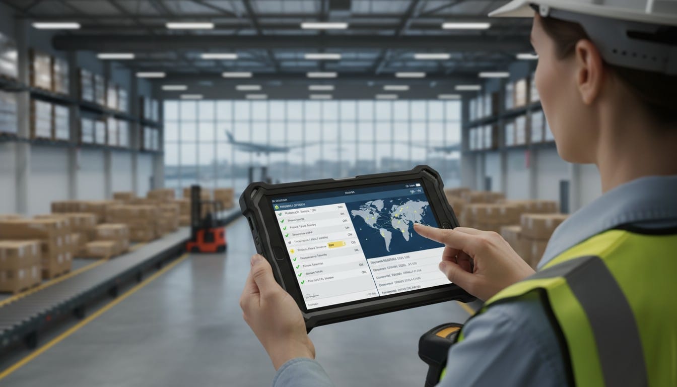 Digital logistics dashboard showing inspection logs and monitoring data.