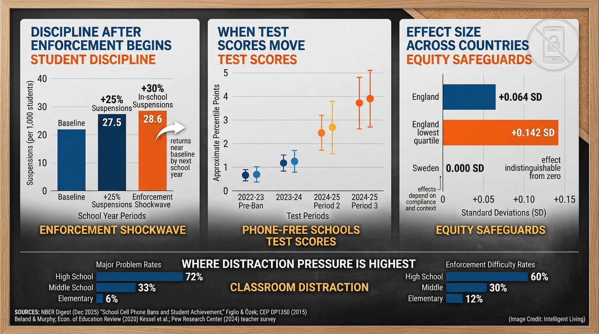 A multi-chart visualization showing discipline spikes after phone-ban enforcement and delayed test-score gains, with cross-country effect size comparisons and teacher-reported distraction pressure by school level.