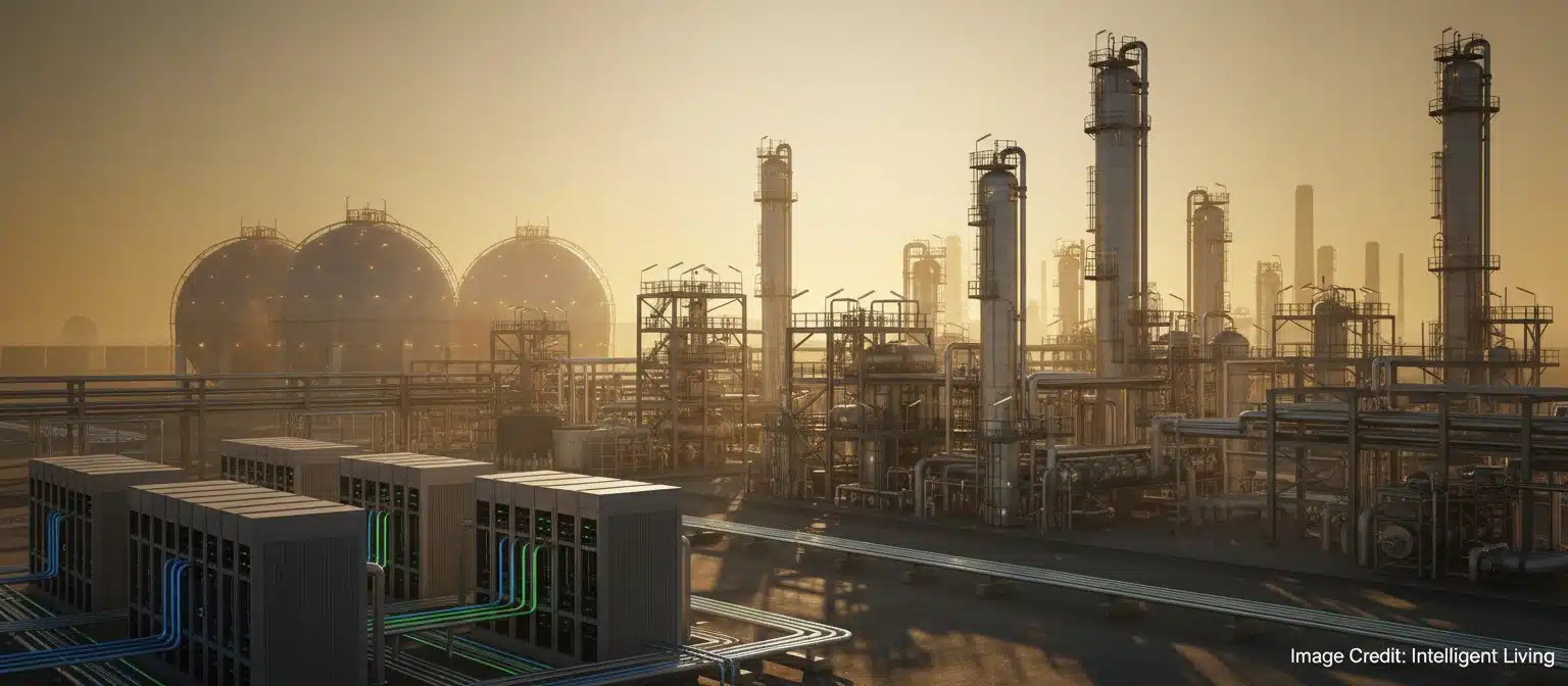 A refinery and chemical complex skyline with clean hydrogen piping overlays linking an electrolyser yard to ammonia tanks and process units at golden hour.
