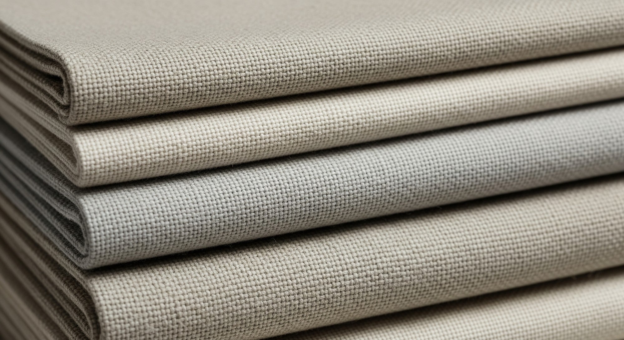 A close-up of various eco-friendly fabric swatches including linen, organic cotton, and hemp in natural colors.