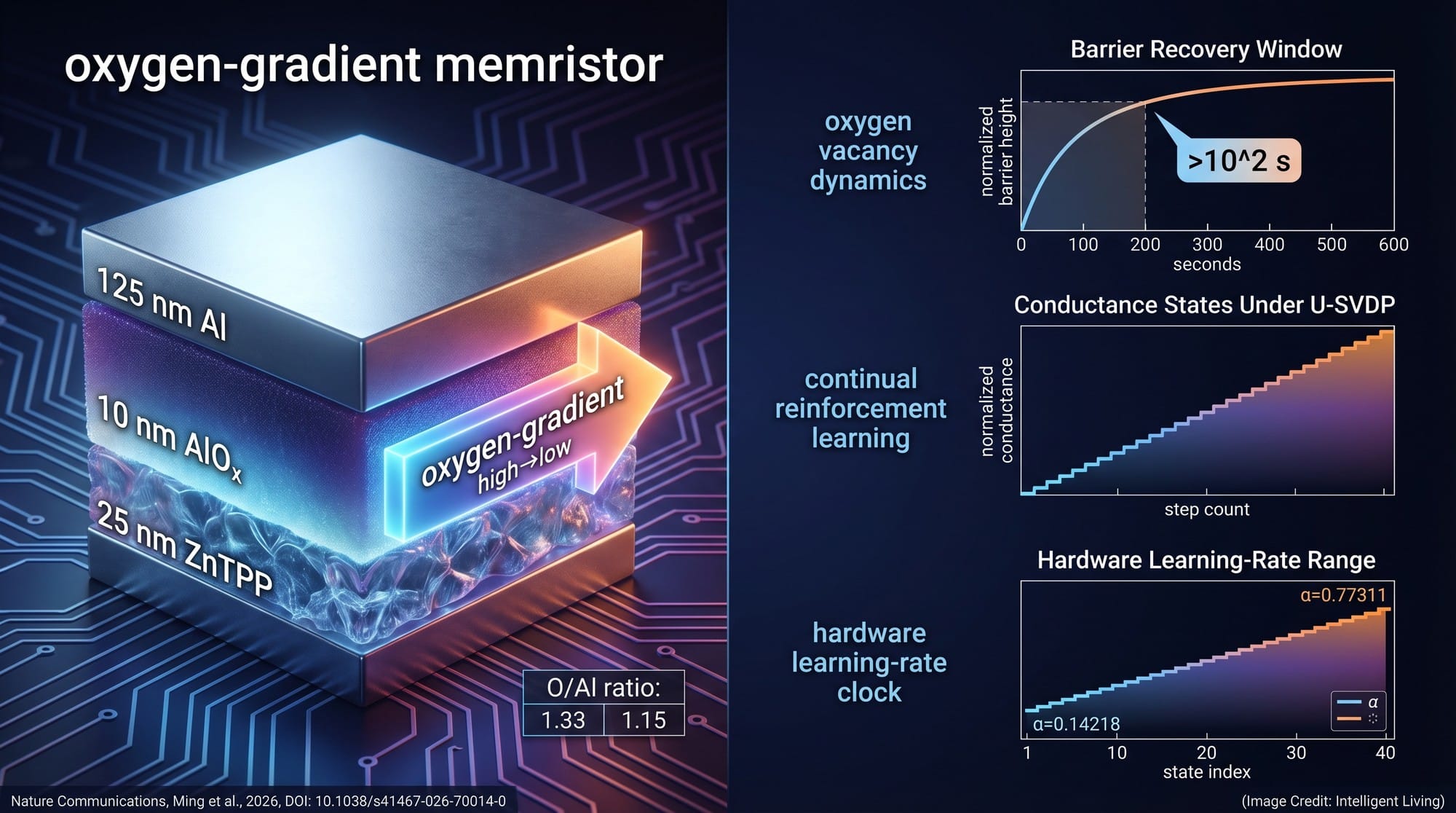 Technical diagram showing the ITO/Zn-porphyrin/ALD-AlOx/Al device stack, oxygen-gradient direction, fabrication parameters, and charts linking slow dynamics to a learning-rate schedule for continual reinforcement learning.
