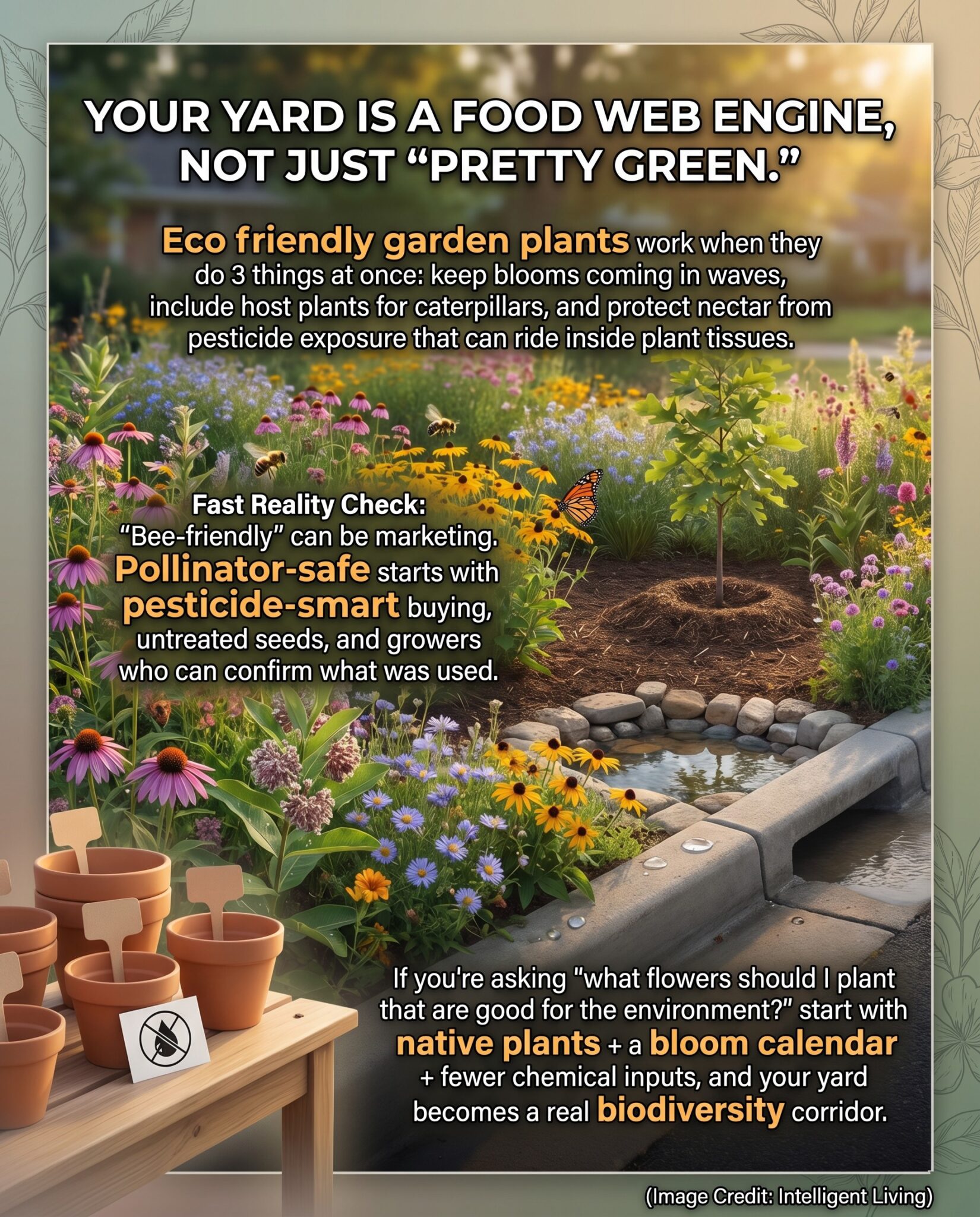 A bold meme-style visual explaining how eco friendly garden plants and native plants build pollinator habitat without pesticide risk.