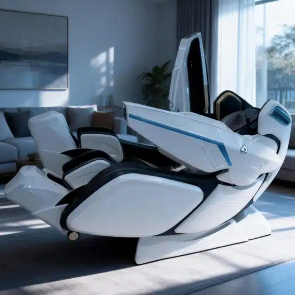 A white and black high-tech massage chair reclines in a modern living room, with a window and sofa in the background.