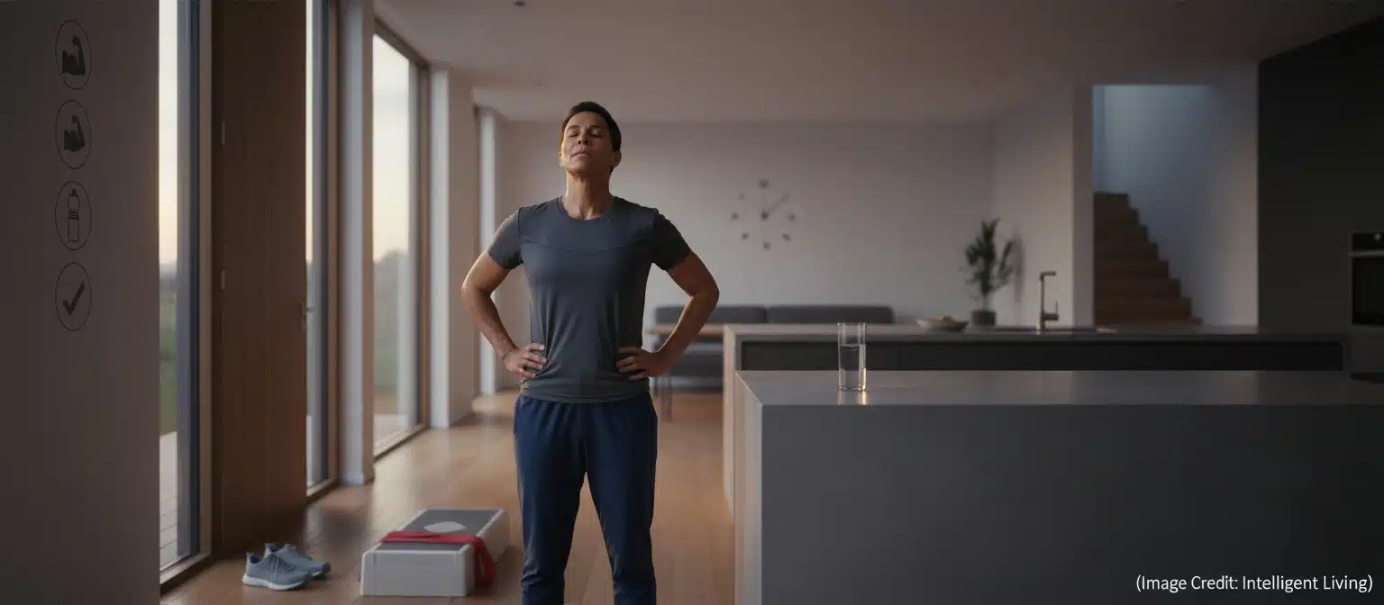 Cinematic evening scene showing a calm home setting with a person finishing a short movement snack, symbolizing sustainable habit formation, recovery, and long-term wellness.