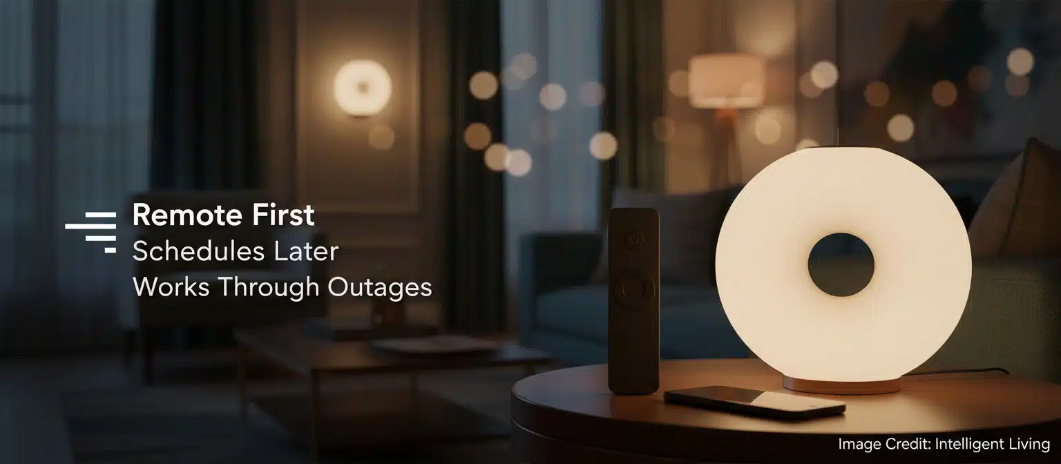 Wide living room scene with a donut-shaped lamp on a wall and on a table, warm dim lighting, a remote nearby, and a calm checklist-style overlay suggesting easy setup and smart home compatibility.