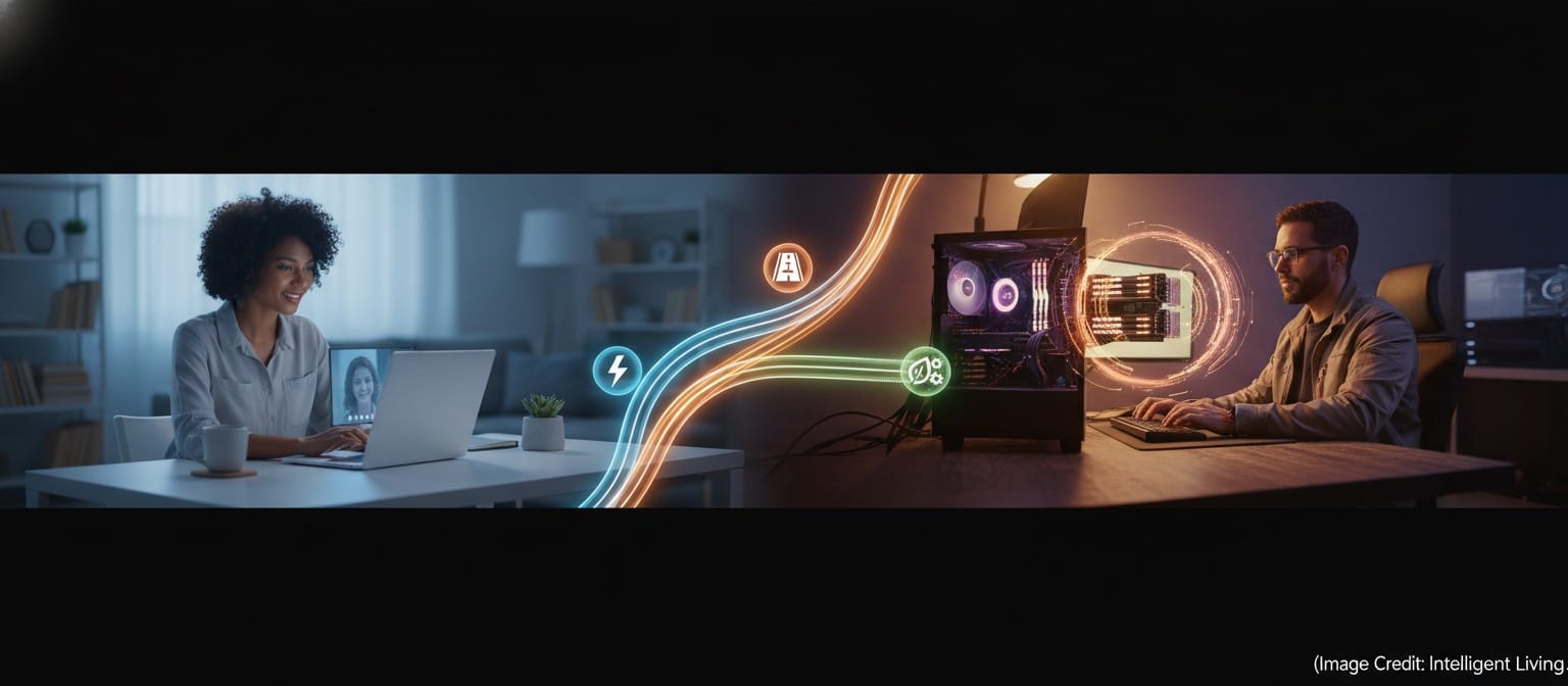 Wide cinematic photo showing a decision moment between quiet on-device AI features and heavy local compute, with abstract icons for speed, battery, memory, and workflow fit.