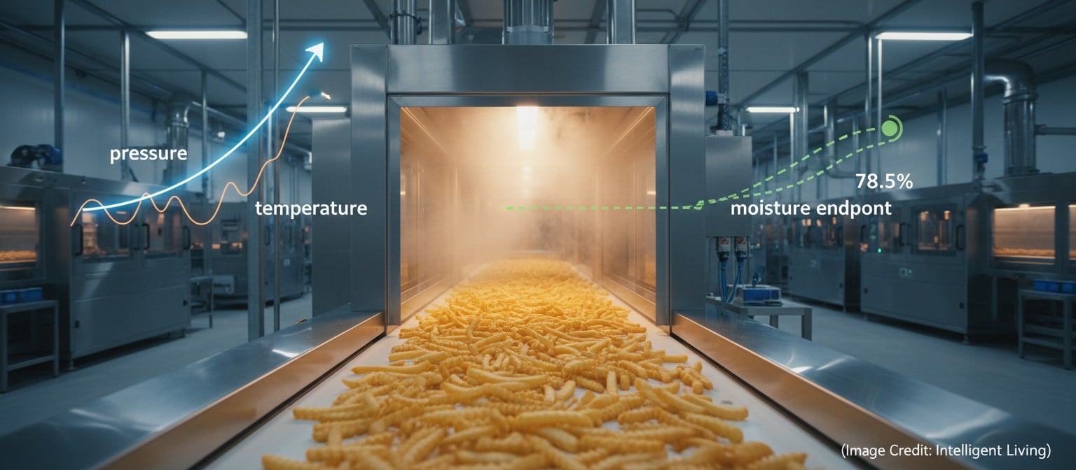 Wide cinematic view of a modern food processing line with fries on a conveyor, soft steam, and glowing instrumentation graphics suggesting pressure and efficiency modeling.