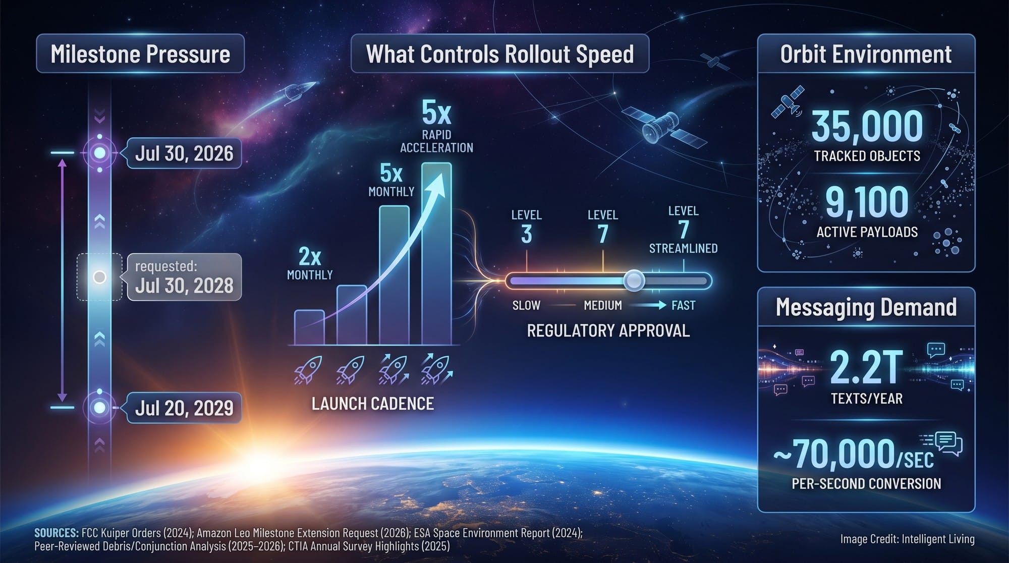A data-driven visualization showing regulatory milestone dates, launch and deployment constraints, orbital congestion indicators, and consumer messaging demand that drives satellite-to-phone expansion.