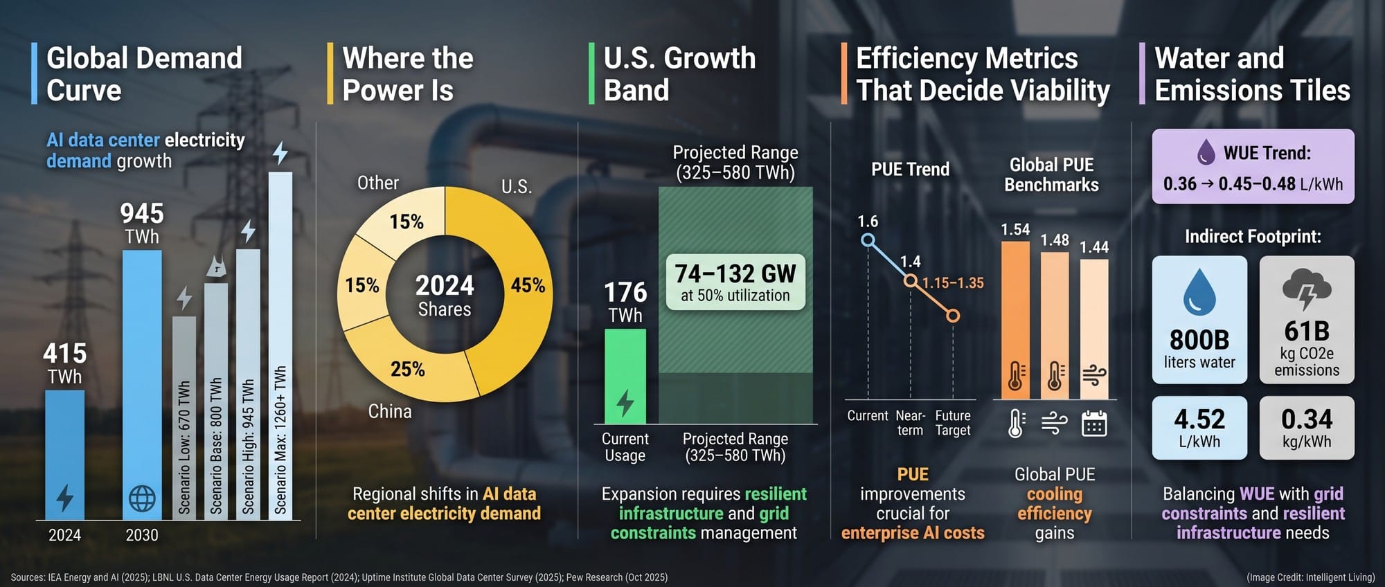 A wide 21:9 data poster combining global data center electricity projections, U.S. energy ranges, PUE and WUE trends, and water and emissions intensities, explaining what makes AI data centers resilient at scale.