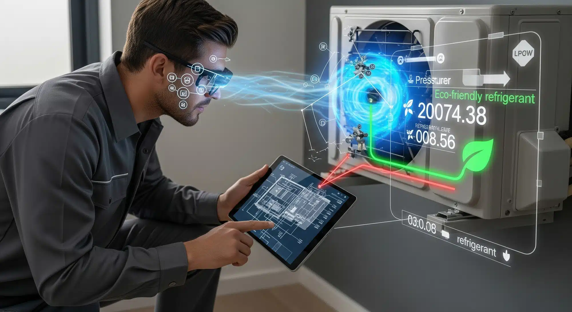 Futuristic smart HVAC technology with digital interface and sustainable design elements